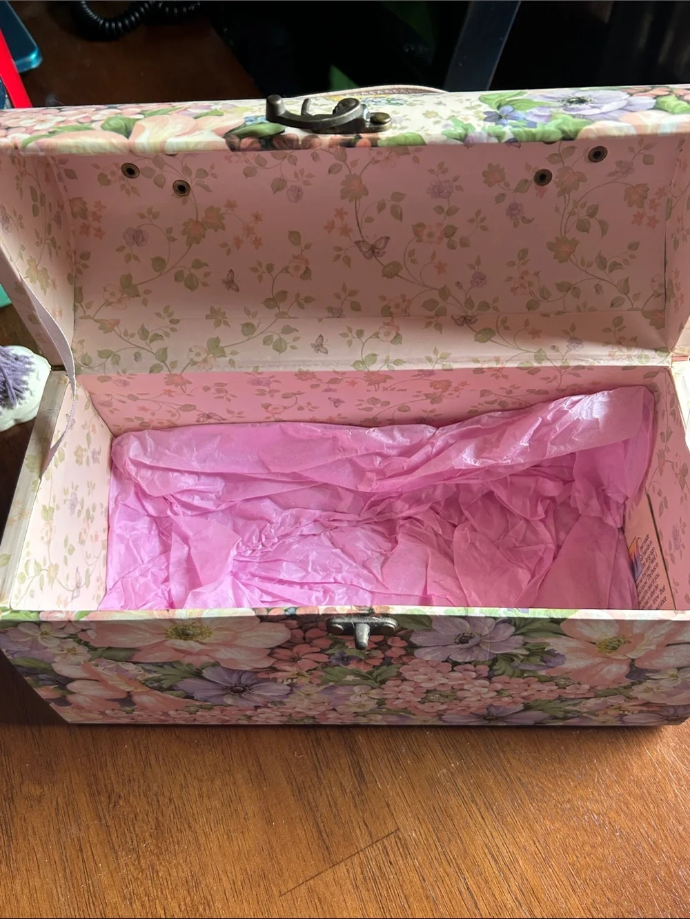 Floral Pink & Purple Decorative Storage Box with White Handle